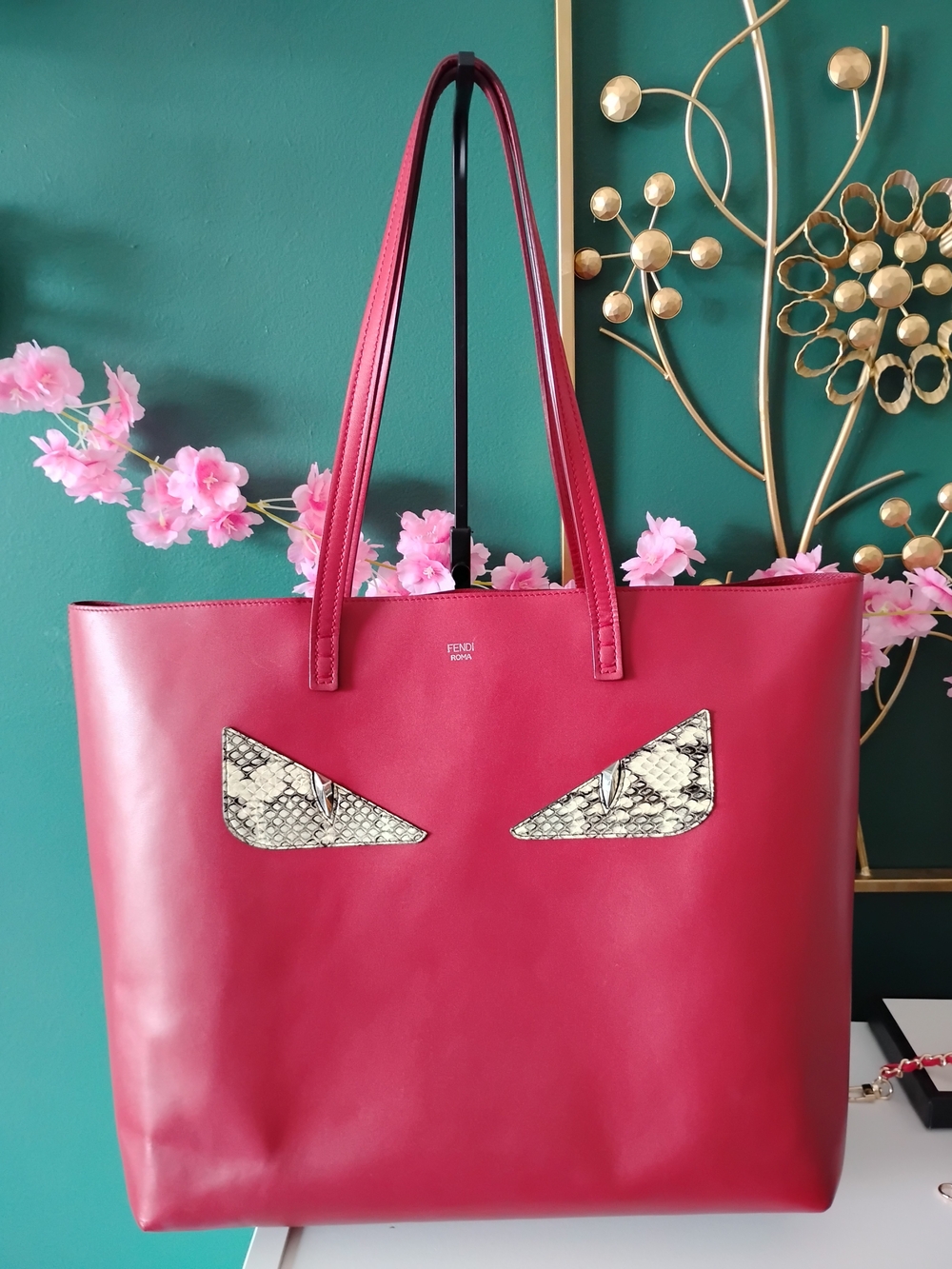Fendi Red Leather Tote with Snake-Print Eye Detail